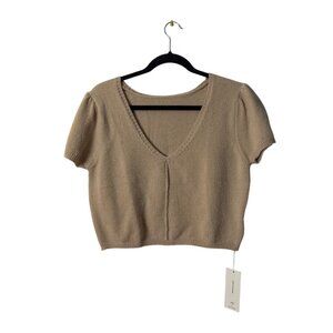 Beige V-Neck Short Sleeve Knit Sweater Top For Women XL